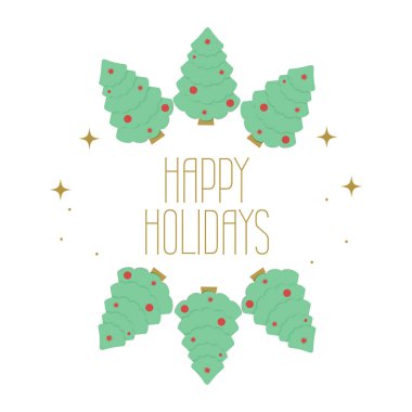 Bayram tebrik kartı. Noel ağaçları ve mesaj. Mutlu tatiller. Yeni yıl ve Noel afişi..