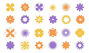 Bir dizi vahşi geometrik çiçek yıldız şekilleri. Retro y2k. Acımasız temel şekiller. Vektör.