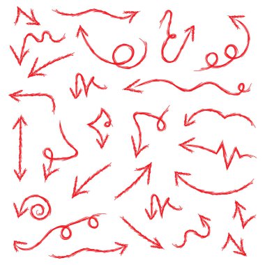 Bir çift kırmızı el yapımı ok. Bir desenli ok koleksiyonu. İzole bir arkaplanda karalama elemanları. Vektör.