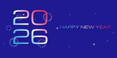 2026 yılının holografik efektli yeni yıl kartı. Havai fişekli ve yıldızlı numaralar. Vektör.