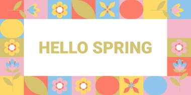 Merhaba bahar. Çiçekli, yapraklı ve soyut şekilli pankart. Pastel renklerde geometrik şablon. Vektör.