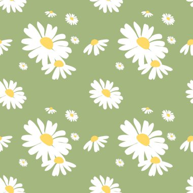 Yeşil arka planda elle çizilmiş papatyalarla kusursuz desen. Kumaş, duvar kağıdı ve tekstil için uygun. Vektör.