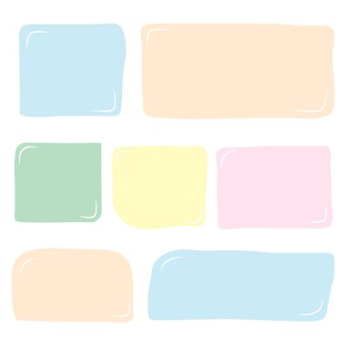 Metin blokları koleksiyonu. Pastel renklerde çeşitli çerçeve şablonları. El yapımı konuşma baloncukları. Vektör.