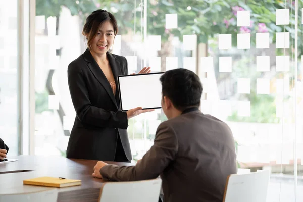 Empresaria presentando nuevo proyecto a socios, Business Meeting Concept. —  Fotos de Stock