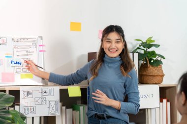 Bir UX UI tasarımcısı, canlı bir çalışma alanında yapışkan notlar ve çizimler kullanarak takım üyeleriyle bağlantı kurarak bir planlama oturumuna liderlik ediyor..