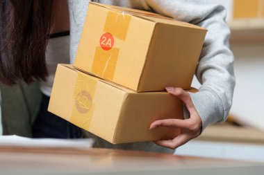 İki paket taşıyan bir kadın, e-ticaret işinde teslimata hazırlanıyor, lojistik ve organizasyon sergiliyor..