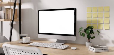 Üretkenlik için tasarlanmış bir bilgisayar kurulumunun yer aldığı modern bir çalışma alanı. Temel masaüstü ögelerine sahip temiz bir düzen işlevselliği artırır.