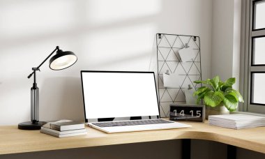 Üretkenlik için tasarlanmış bir bilgisayar kurulumunun yer aldığı modern bir çalışma alanı. Temel masaüstü ögelerine sahip temiz bir düzen işlevselliği artırır.