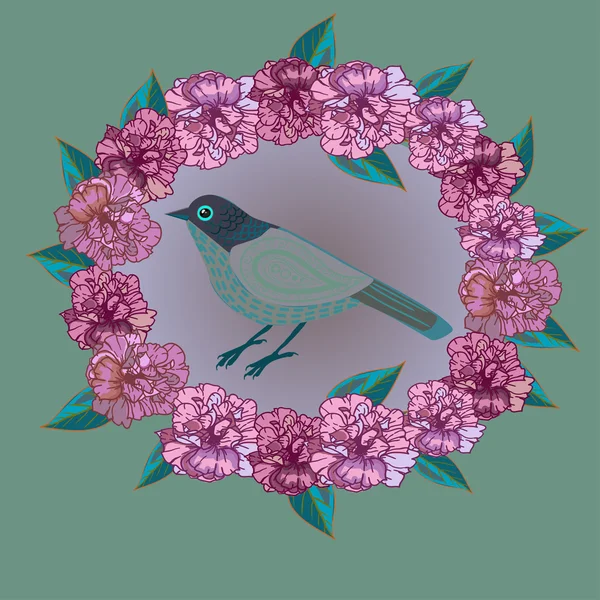 Kuş ve çiçek çelenk — Stok Vektör