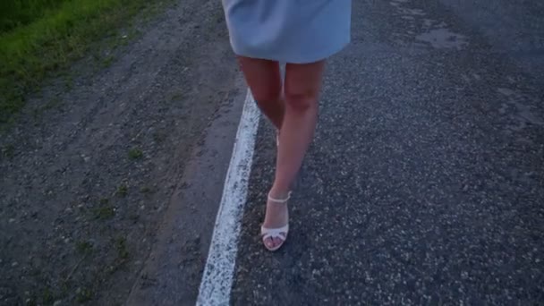 Hermosa mujer joven caminando por el camino del campo — Vídeos de Stock