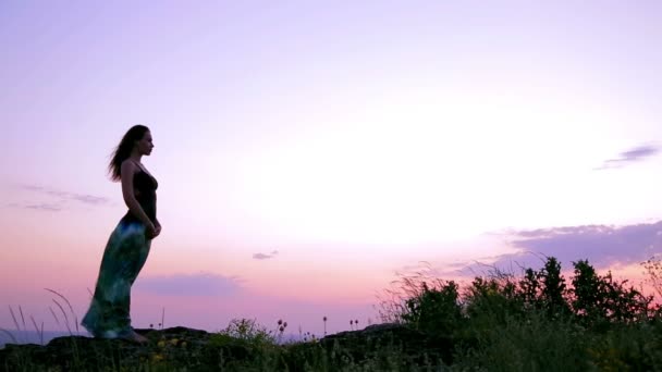 Mujer joven posando en la roca. Cielo nocturno. Ángulo ancho — Vídeo de stock