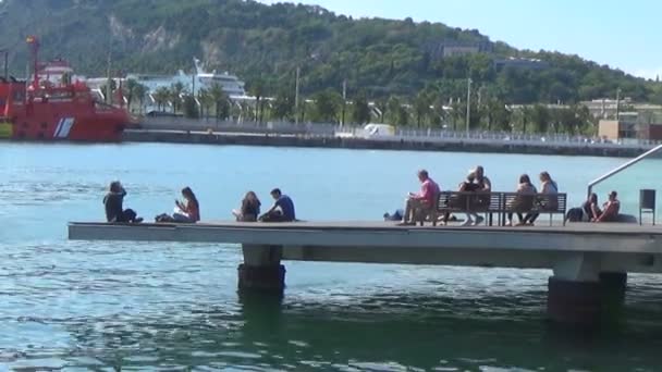 Die Menschen sind auf der Seebrücke. barcelona, spanien, oktober 2014 — Stockvideo