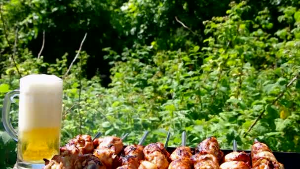 Bierkrug + Hühnerspieße — Stockvideo