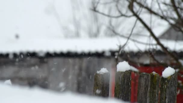 Падающий снег на фоне забора — стоковое видео