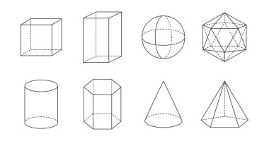 Beyaz Arkaplanda Geometrik Şekillerin Vektör Kümesi. Kare, Küp, Küboid, Pentagonal Piramit, Sekizgen, Hexagonal prizma, Silindir, Koni, Icosahedron ve Dodecahedron şekilleri.