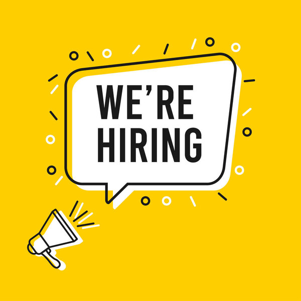 Megaphone with we're hiring speech bubble template. Banner for business, marketing and advertising