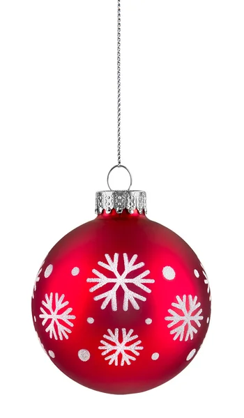 Червоний сніжинка різдвяний м'яч висить на струні, ізольований на білому — стокове фото