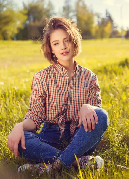 Stylish girl in the denim outdoor — Stock Photo, Image