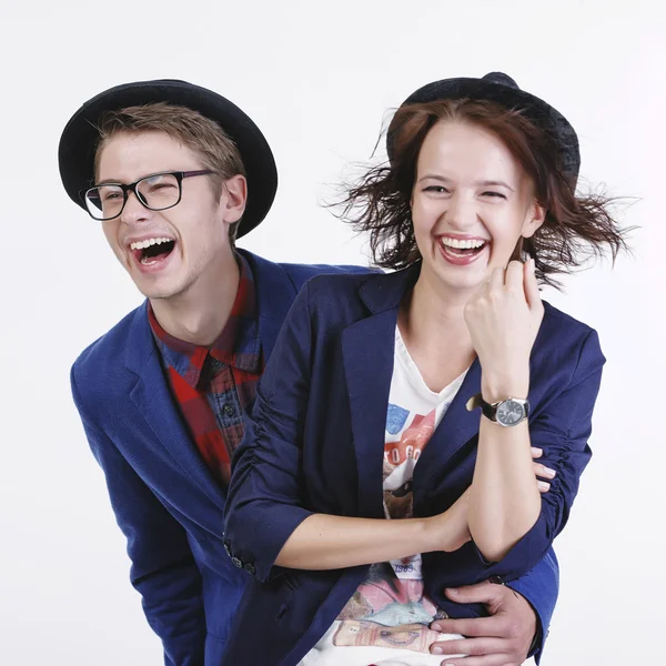 Feliz sorrindo hipster estudantes no estúdio — Fotografia de Stock