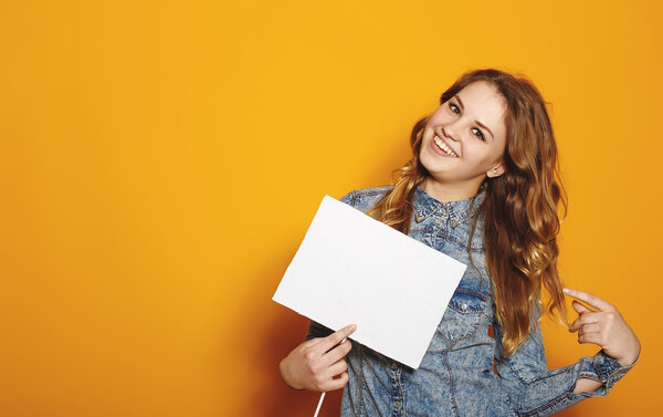 Modern business woman over yellow background with copy space. Hi