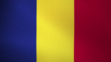 Romanya bayrağı rüzgarda dalgalanıyor. Döngülü animasyon. Geçmişi. Ülkenin ulusal günü ve bayramları için kavram.