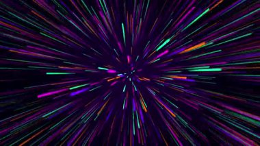 Çok renkli parlak neon lazer ışınları, çizgiler ve soyut bir arkaplandan oluşan sonsuz bir gelecekçi tünelin animasyonu.