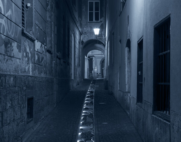 Empty narrow street in city center of Ljubljana at night, Ljubljana, Slovenia
