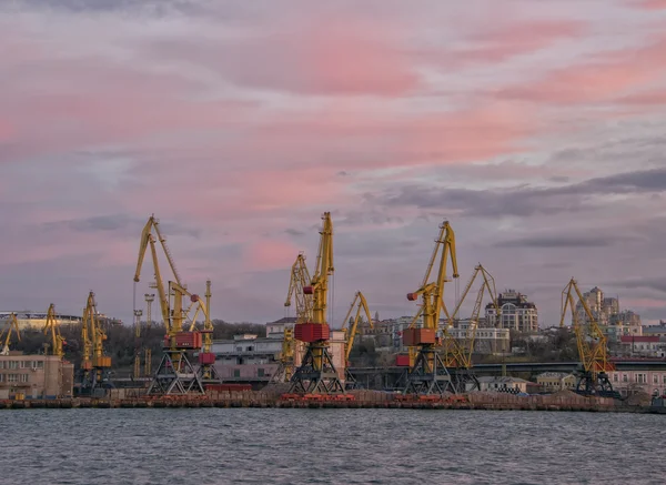 Вид на морський порт з кранами на заході сонця — стокове фото