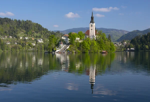 Bled lake and pilgrimage church with mountain landscape background — Stock Photo, Image