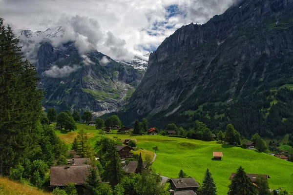 Alpine Landschaft mit wolkenverhangenen Bergen im Grindelwald, Schweiz — Stockfoto