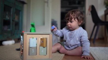 Bebek yerde diz çöküp tahta şekilli ayıklama oyuncağıyla oynuyor, merak ile renkli bloklar yerleştiriyor ve evde erken çocukluk öğrenme aktivitesine odaklanıyor