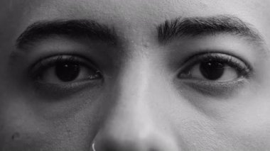Genç İspanyol erkeklerinin gözleri ince duygular ve içsel bakışlar sergiliyor, tenin ve kaşların ince dokusu siyah ve beyaz insan ifadesini vurguluyor..
