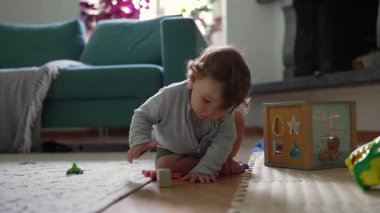 Yerde sürünen bebek oyuncak bloğuna uzanırken ahşap şekil ayırıcı yakınlarda oturuyor, evde erken öğrenim sırasında koordinasyon ve merakı keşfediyor.