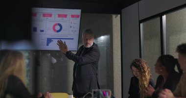 İş dünyasının kendine güvenen lideri ekranda veri tablolarıyla ilgili toplantı sırasında meşgul meslektaşlarına tutkulu bir sunum yapıyor.