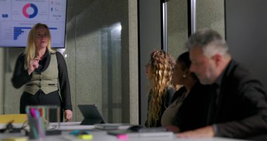 Kadın patron, gergin ofis toplantısında sunum sırasında telefona baktığı, otoriteyi iddia ettiği ve kurumsal ortamdaki saygısız davranışları ele aldığı için çalışanı azarlıyor.