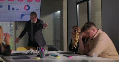 Ofis toplantısında çalışanları suçlayan sinirli yönetici, ekip üyeleri yönetim kurulu masasının etrafında utanç ve inançsızlıkla tepki veriyorlar.