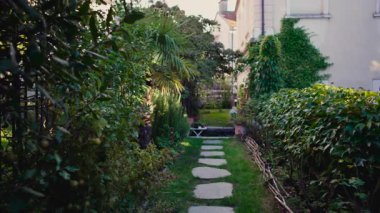 Yoğun bitki ve taş basamaklarla dolu dar bahçe yolu küçük oturma alanına doğru uzanır, sakin bir açık hava ortamı ve rahat doğal ev manzarası gösterir.