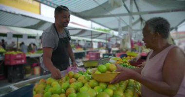 Afro-Amerikalı alışverişçi açık havada taze narenciye seçiyor. Bağımsızlığını ifade eden tezgah üretiyor. Rutin piyasa aktivitesi ve yerel sokak ekonomisine kişisel katılım.
