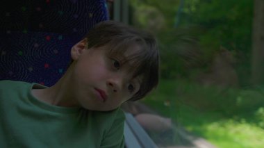 Oğlan otobüs penceresinde dinleniyor, yoğun bakışlar ve yansıma derin düşüncelere ve yalnızlığa işaret ediyor, dışarıdaki orman camdaki yeşil desenlere bulanıyor.