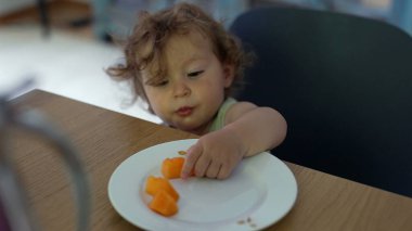 Küçük çocuk masada otururken tabakta kavun parçalarına uzanıyor, küçük el odaklanmış ifade ve yetişkin eli ile yiyeceği kavrıyor.