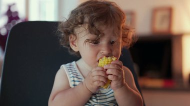 Yürüyen çocuk mısır koçanı iki eliyle yer, kıvırcık saçlar biraz dağınık, aile içinde otururken yan bakan gözler yumuşak arka plan aydınlatmasıyla