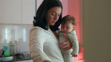 Anne mutfakta birden fazla iş yaparken bebeği kucağına alıyor, eşyalar düzenliyor ve ev sorumluluklarını yönetiyor, aile bakımı ve yetiştirme ortamlarına odaklanıyor