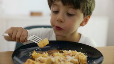 Genç çocuk çatalla makarna yiyor, tabağa bakarken bir parça yemek kaldırıyor, evde yemek yiyor, ev yapımı yemek yiyor, çocukluk yemeği yiyor, keyif alıyor, günlük rutin şeyler yapıyor.
