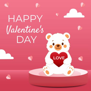 Sevimli Sevgililer Günü illüstrasyonunda beyaz bir oyuncak ayının elinde aşk sözcüğüyle kırmızı bir kalp taşıması. Yumuşak pembe arka plan, kalpler ve bulutlar sıcak, romantik bir hava yaratır..