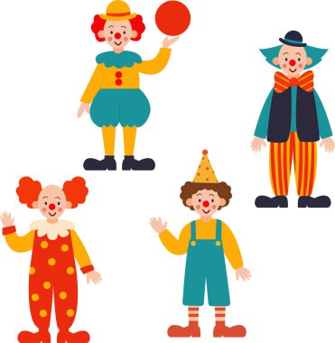 Kırmızı burunlu dört neşeli palyaço ve kırmızı bir top tutan renkli kostümlü, biri çizgili, biri kabarık pantolonlu, biri de şapkalı ve gülümseyen ve el sallayan bir parti şapkası takan..