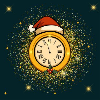 Noel Baba şapkası ve kutsal yapraklarla süslenmiş altın saat gece yarısını vuruyor. Karanlık bir arka planda parlayan parıltılarla çevrelenmiş, Yeni Yıl 'ın sihrini ve heyecanını simgeliyor.
