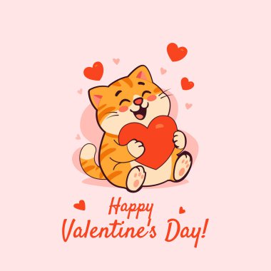 Tatlı turuncu çizgi film kedisi yumuşak pembe arka planda yüzen kalplerle çevrili büyük kırmızı bir kalbe sarılıyor. Tatlı ve eğlenceli bir Sevgililer Günü çizimi Kartlar ve aşk temalı tasarımlar için mükemmel.