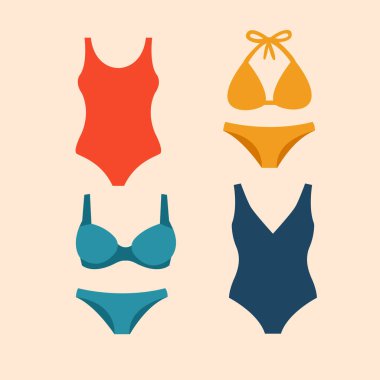Düz dizayn edilmiş şık kadın mayoları ve bikiniler: kırmızı tek parça, sarı bikini, deniz mavisi sütyen tarzı bikini ve deniz mavisi V yaka tek parça. Yaz veya moda temaları için temiz ve modern bir illüstrasyon