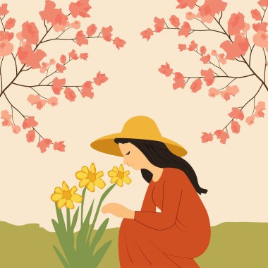 Kırmızı elbiseli ve sarı şapkalı bir kadın yeşil çimenlere diz çöküp sarı nergislere hayran. Pembe kiraz çiçekleri üzerinde kemer oluşturur, ılık ve tefekkür dolu huzurlu bir bahar sahnesi yaratır..