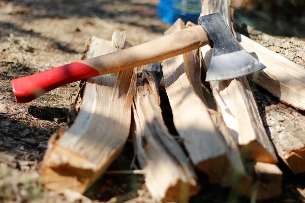 Ax with a red pen on the logs — Stock Photo, Image